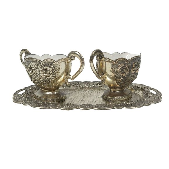 Vintage Cream Sugar Set Roses Floral Scalloped Edges Tray Enamel Interior Japan - Picture 2 of 11